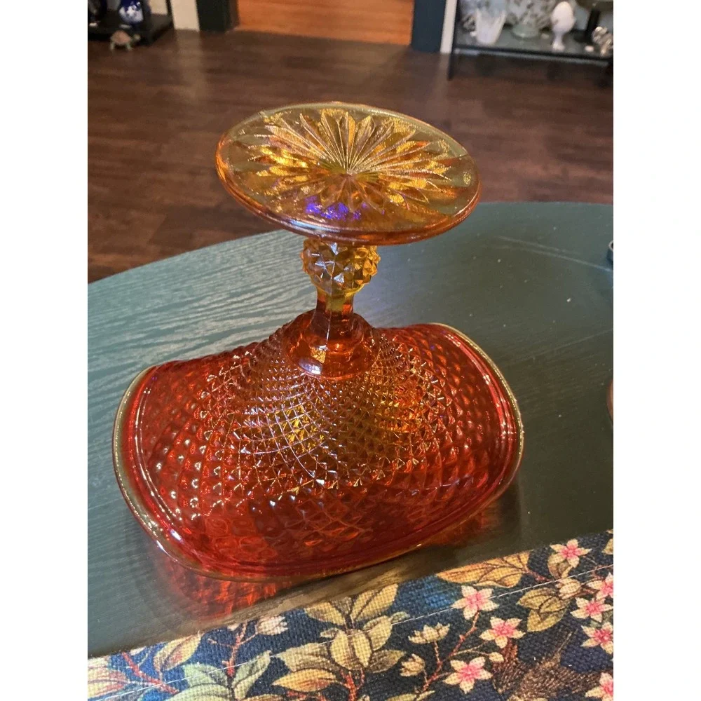 Vintage Jeannette Amberina Glass Pedestal‎ Candy Dish Diamond Point Red Orange